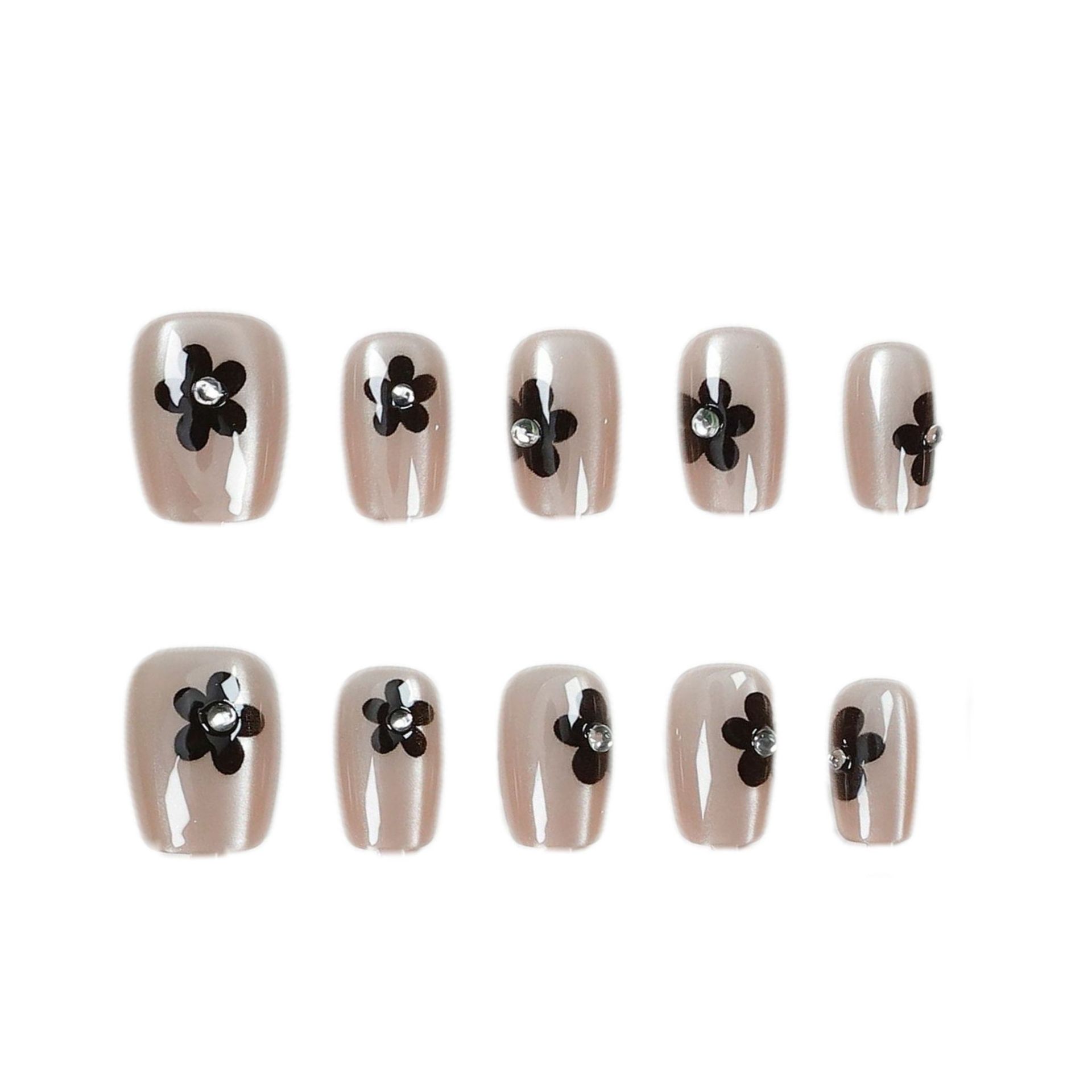 Ojos de gato de flores negras manuales de uñas dulces y frías, uñas falsas cortas, uñas de boda, parches de uñas desmontables para estudiantes