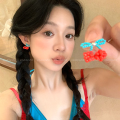 夏日多巴胺串珠樱桃耳钉女甜美气质百搭耳环小众设计独特耳饰品