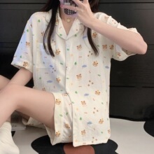 夏季睡衣女可爱女士2024新款小熊短袖短裤碎花家居服可外穿套装女