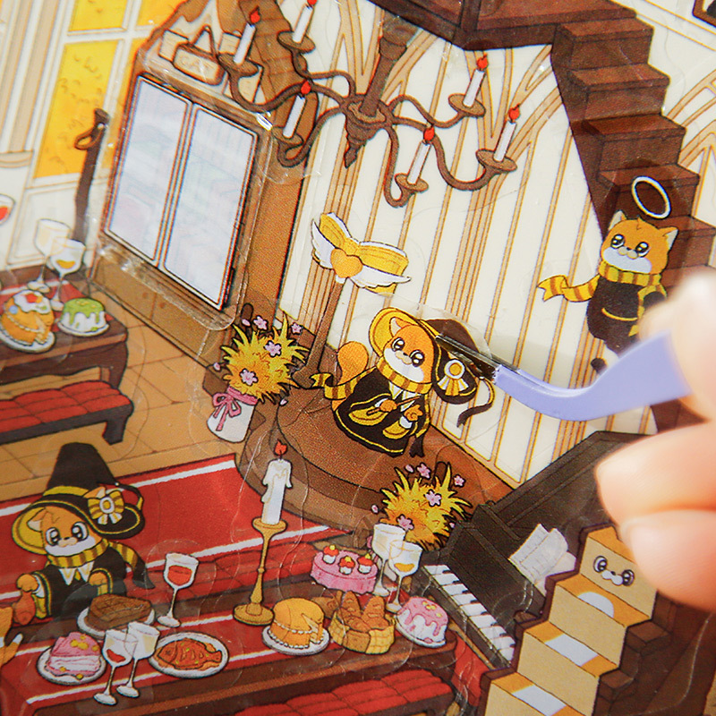 Muye 3D estereoscópico paisajismo de la cabaña Magus es una serie de gatos tema pegatinas DIY hechas a mano