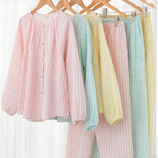 Japanese-style Non-printing Pure Cotton Double-layer Yarn Pajamas Women's Round Neck Long-sleeved Home Clothes suit Cute Sweet Style Outer Wear