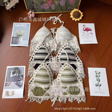 欧美迷彩挂脖性感小背心女夏短款内搭带胸垫露背镂空抹胸刺绣吊带