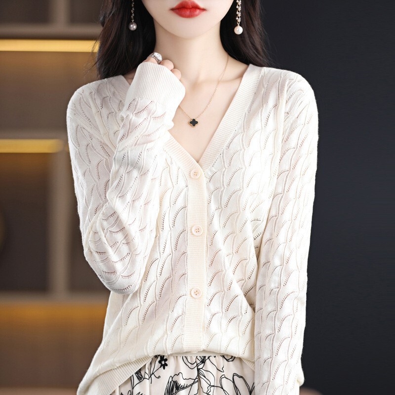 Autumn New Short Women's Cardigan V-Neck Lace Hollow-Out Thin Knit Top 2025 Women's Clothing