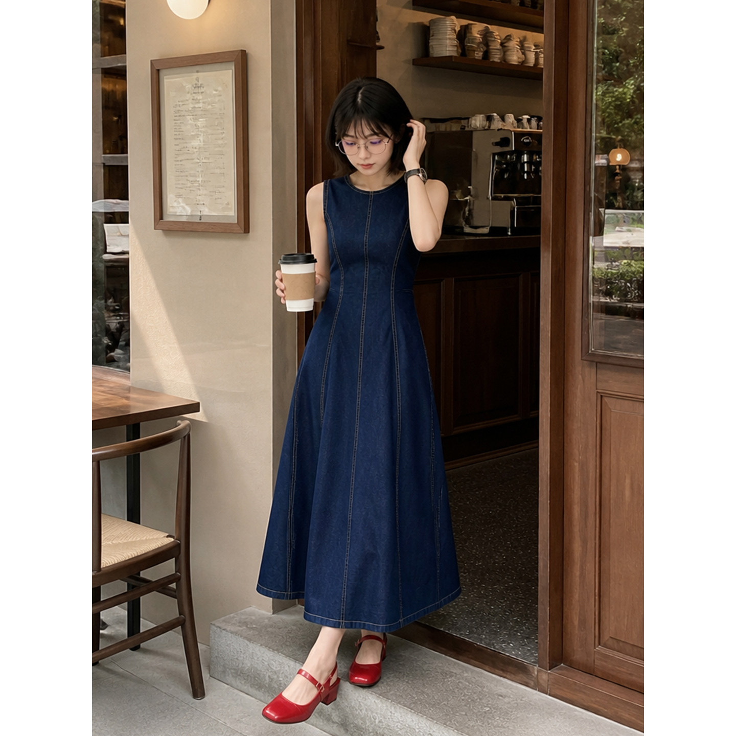 French-style vintage denim dress for women, summer waist-cinching