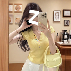 女性用イエローVネック半袖セーター、夏用薄手Tシャツ、ピュアディザイアホットガール、スリムフィット、小柄な人向けショートトップ