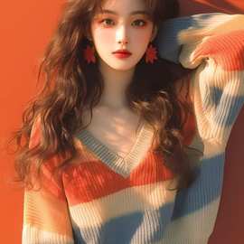 韩国东大门v领条纹毛衣慵懒感公主风超好看针织上衣