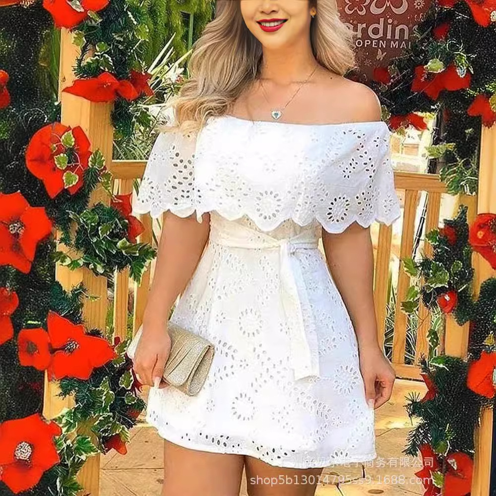 Spot 2021 Europe and the United States new off-shoulder waist strap dress-YDF3830