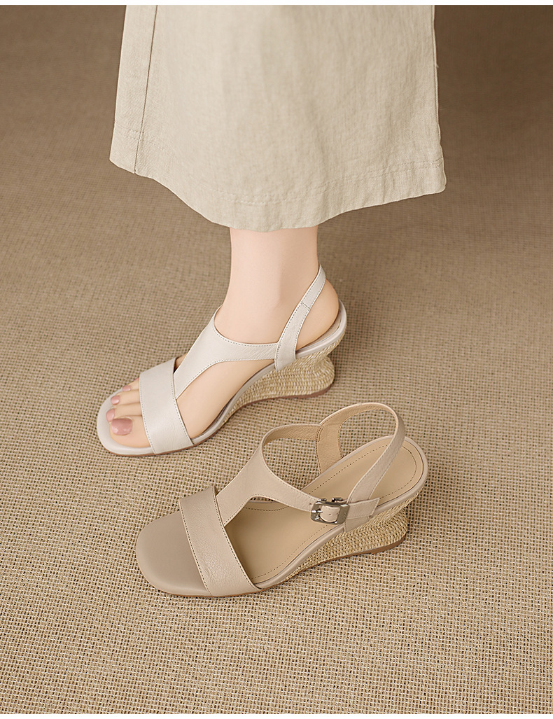 Sandal cao gót nữ quai chữ T đế xuồng đan rơm, hở mũi, gót 9 cm — màu trắng ngà, màu mơ chi tiết 11