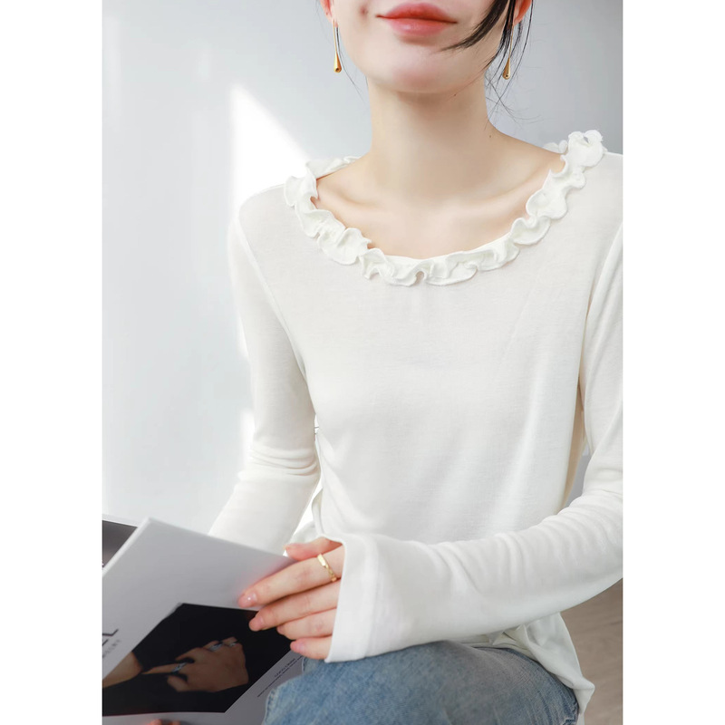 Gentle Ruffled Tencel Wool Barely-There Skin-Friendly Off-Shoulder Crew Neck Thin Long-Sleeve T-Shirt Base Shirt for Women Early Autumn New Gentle Ruffled Tencel Wool Barely-There Skin-Friendly Off-Shoulder Crew Neck Thin Long-Sleeve T-Shirt Base Shirt for Women Early Autumn New