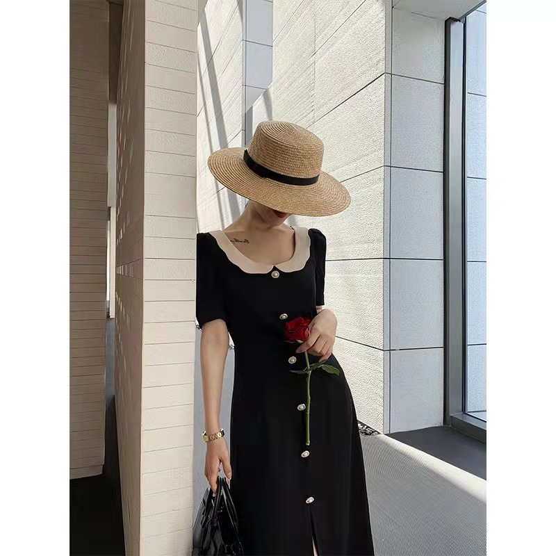 ChicShe French Hepburn Plus Size European And American Style Doll Collar Loose Mid-Length Single-Breasted Summer Black Dress_voghion.com