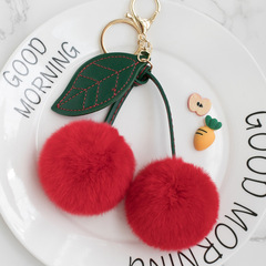 Real Otter Rabbit Hair Cherry Hair Ball Car Keychain Fur Plush Pendant Green Leaf Fruit Ornament
