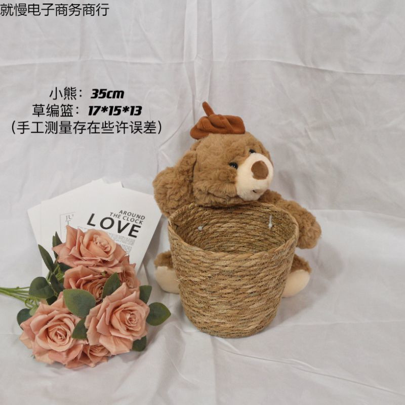 クマハグバケツ栗花束フラワー DIY 手作り誕生日ホリデーギフトわらフラワーアレンジメントフラワーバスケットハグベア|undefined