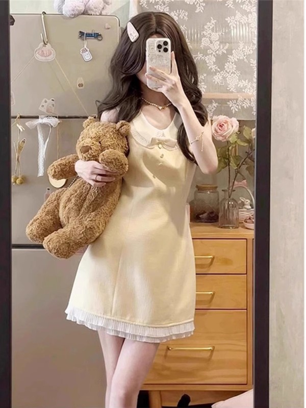 法式气质小香风娃娃领无袖连衣裙女夏季收腰显瘦富家千金黄色短裙|undefined