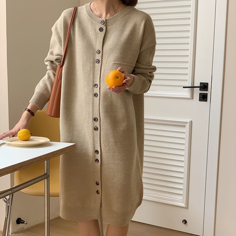 韩版秋季新款纯色中长款针织开衫女慵懒风设计感圆领宽松毛衣外套