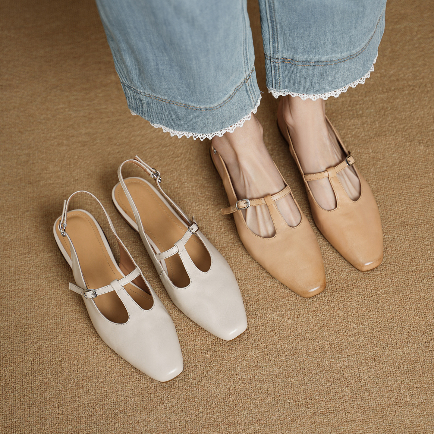 Sandal nữ quai ngang da bò gót vuông 3 cm khóa T — màu trắng ngà