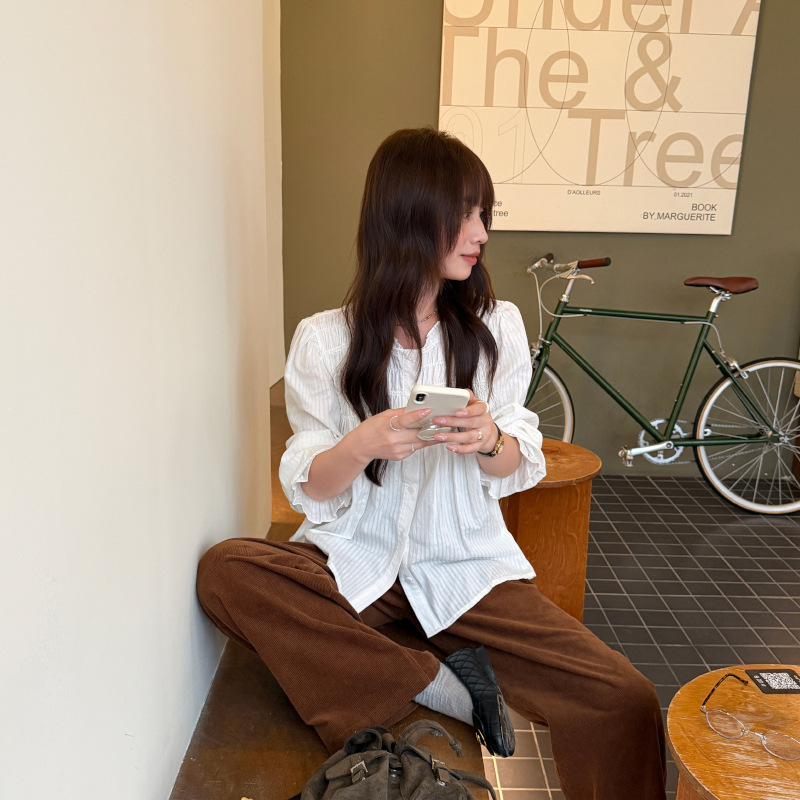 2026 Autumn New Women's Ruched Shirt French Doll Blouse Single-Breasted Ruffle Sleeve Gentle Style Blouse 3173