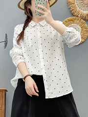 波点白衬衫上衣女长袖纯棉2025新款早秋休闲宽松百搭翻领打底衬衣