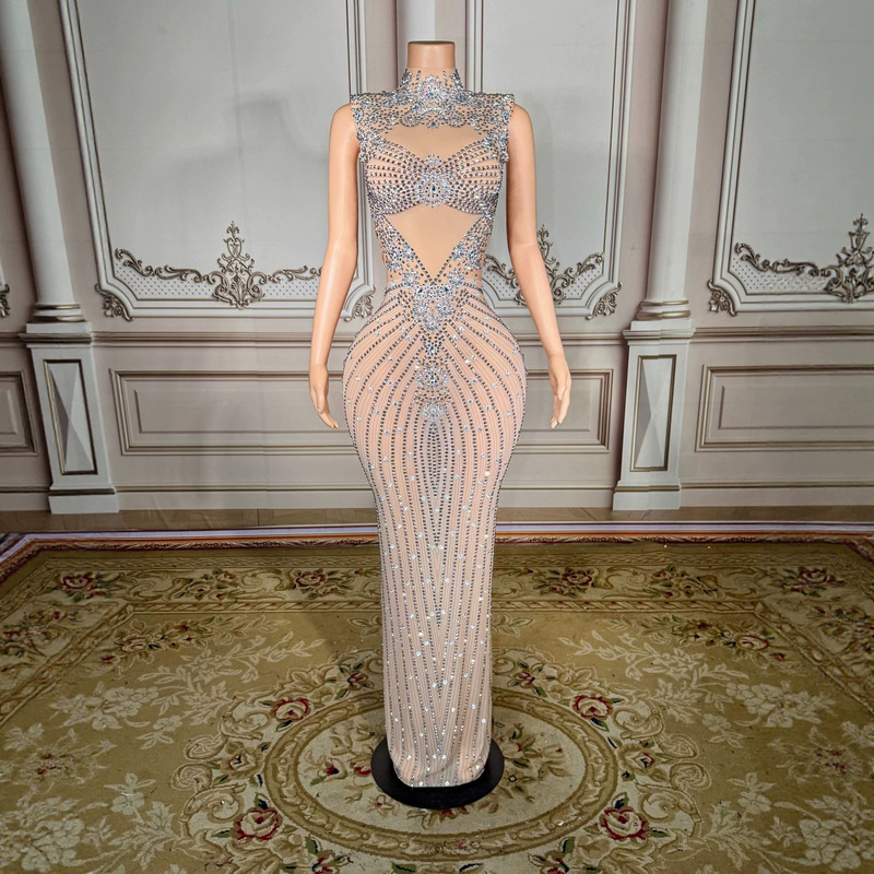 European and American Women's Clothing, Rhinestone Bodycon Dress, Cocktail Party Evening Dress, Dance Performance Dress, High-End Luxury