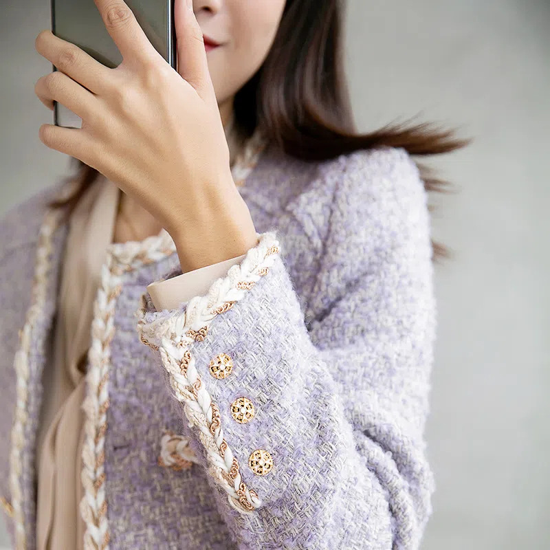 高级感小香风熏衣紫粗花呢开衫外套上衣女2023春季女装短款小个子