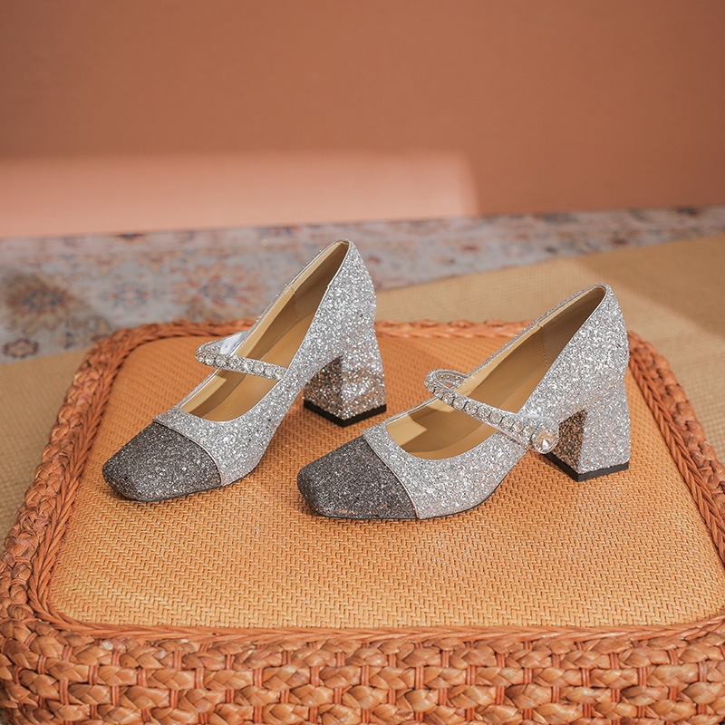 7726-8 Elegant Shiny Bridesmaid Stitching Fragrant Mary Jane Shoes High Heels New Sequins Wedding Shoes Thick Heel Shoes