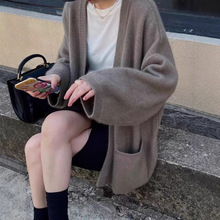 秋季欧货慵懒风开衫女100纯羊毛针织衫中长款宽松高端毛衣外套