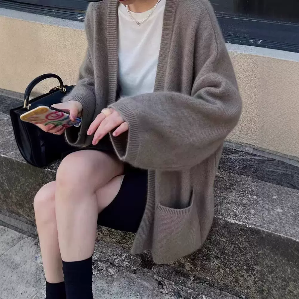 秋季欧货慵懒风开衫女100纯羊毛针织衫中长款宽松高端毛衣外套