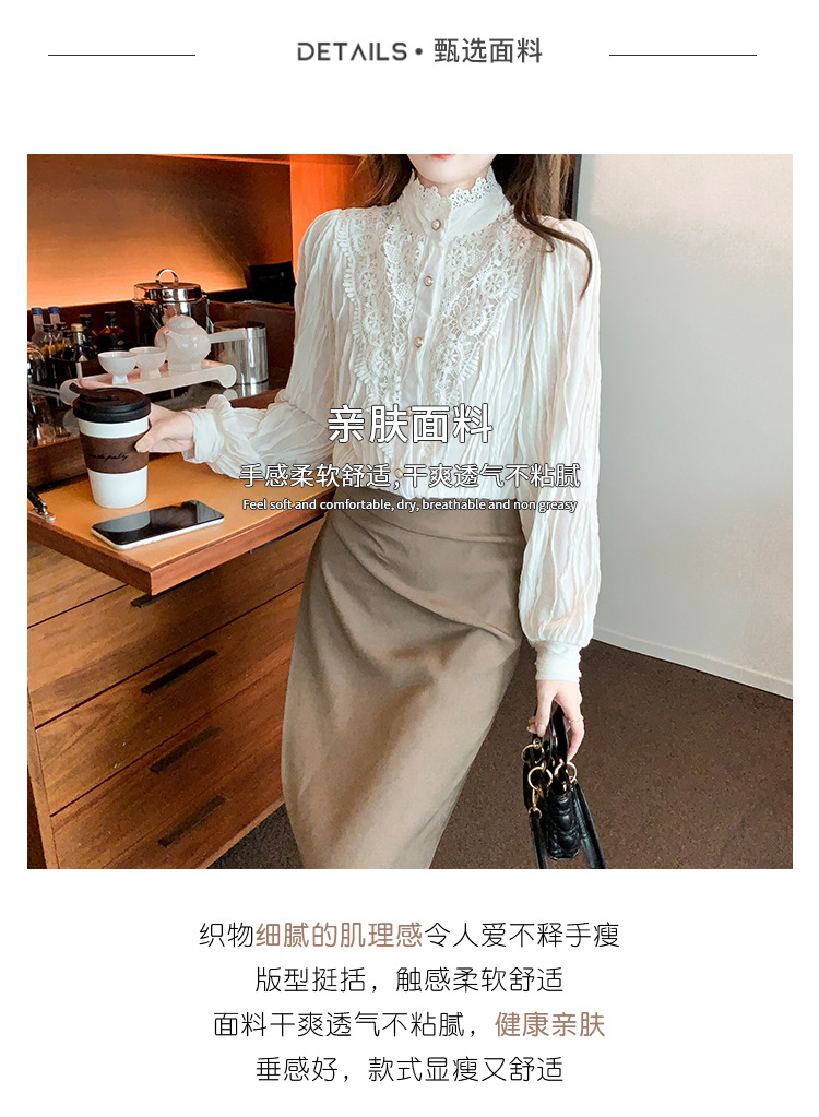 2022 Autumn/Winter new style fleece high-neck lace shirt chiffon shirt top, elegant base layer, fairy pic 4
