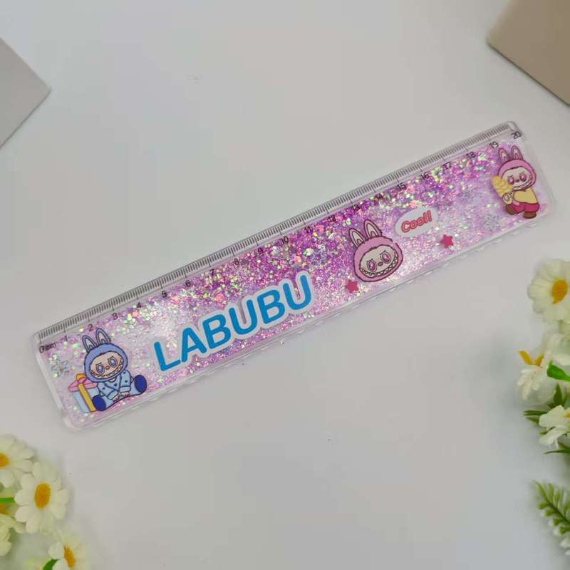 外贸拉布布卡通流沙尺金粉入油尺跨境LABUBU学生解压闪粉直尺套装|undefined