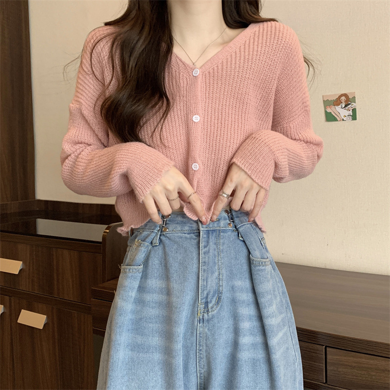 韩国新款早秋女装时尚针织开衫 纯色小众设计感上衣长袖毛衣外套详情31