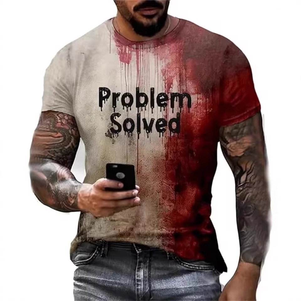 2024 venta caliente divertido eslogan manchado de sangre impresión 3D hombres personalidad de la calle suelta y transpirable camiseta de cuello redondo de manga corta