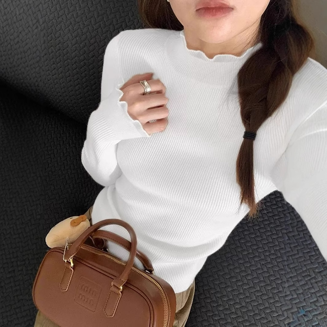 흰색 머플 반 터틀넥 스웨터베이스 셔츠 여성용 가을 및 겨울 프랑스 슬림 핏 내부 긴팔 스웨터 탑