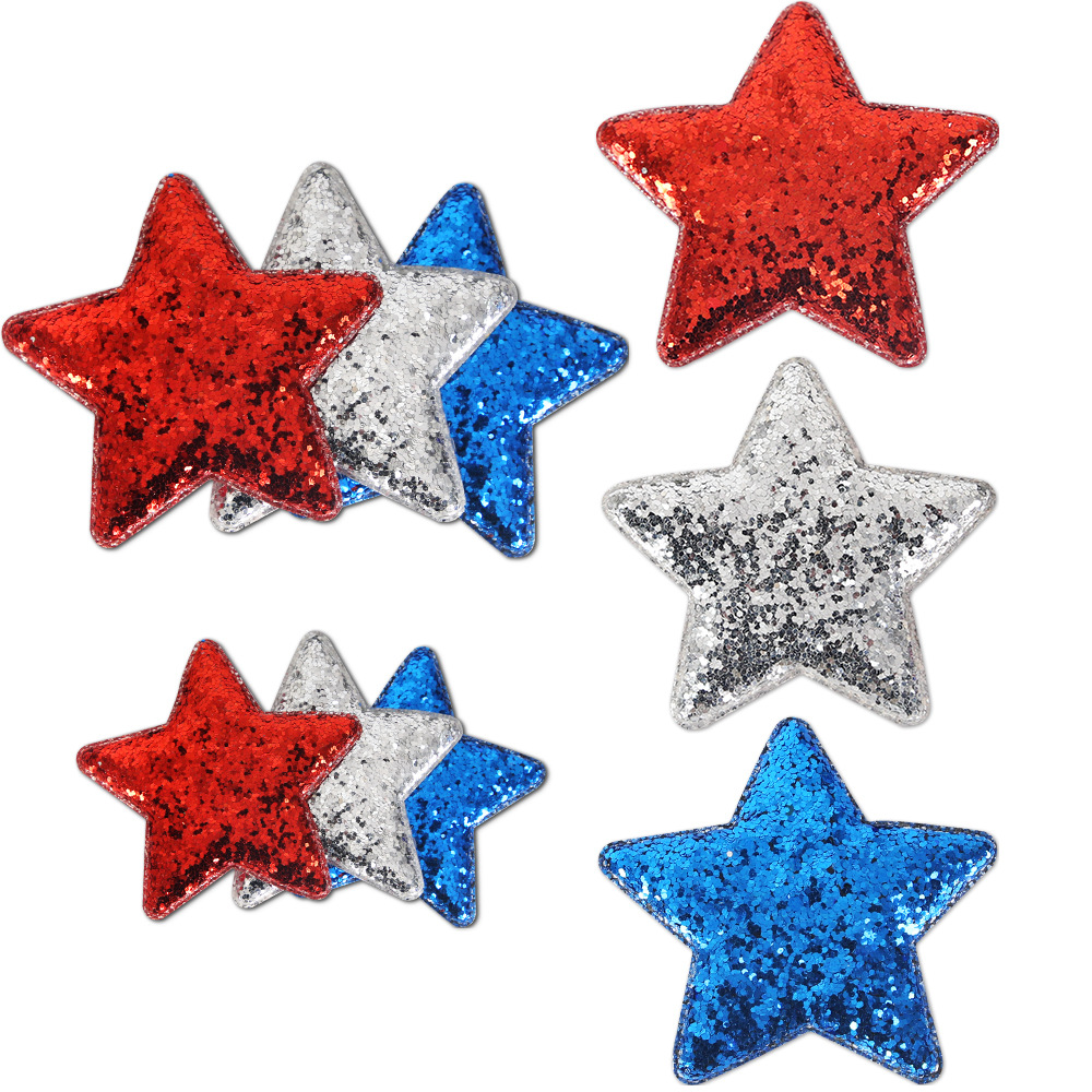 Día de la Independencia de los Estados Unidos pinzas de cabello de pentacos para adultos niños fiesta decoración de estrellas bordes pinzas rojo, plateado, azul sequillas pinzas de boca de pato