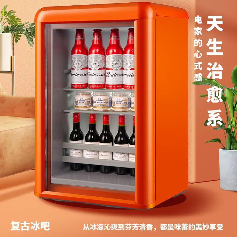 源厂批发复古冰箱跨境定制家用小型冷藏保鲜柜透明酒水茶叶小冰箱