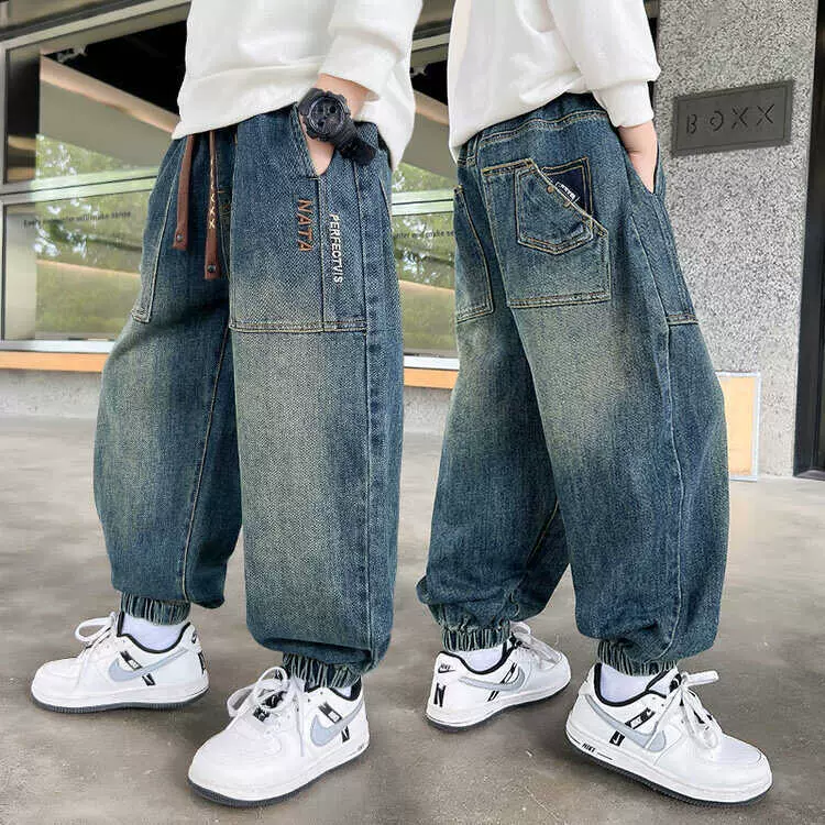 男童春秋装牛仔裤2025新款长裤宽松中大童秋款束脚潮牌休闲裤加绒