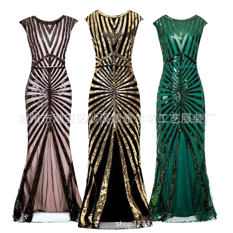 1920亚马逊爆款亮片鱼尾下摆长款礼服派对晚会宴会修身连衣裙酒会