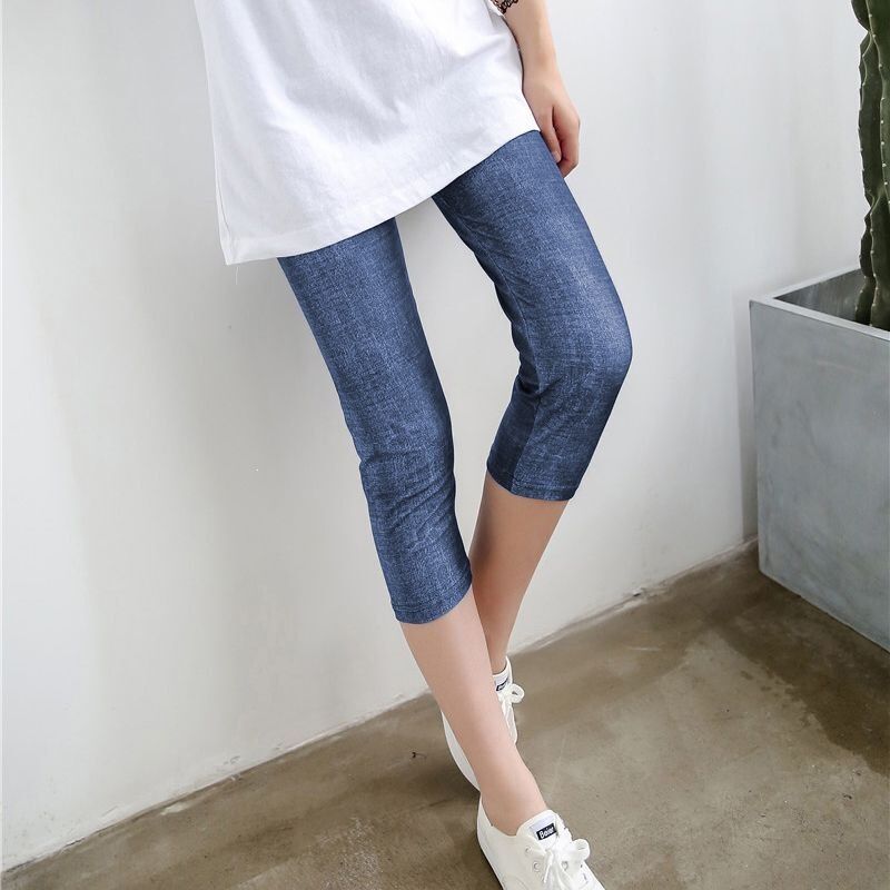 Summer Thin High-Elastic Plus-Size Versatile Tight-Fitting Women's Cropped Leggings Korean Style Faux Denim Fashion 7/8 Pants