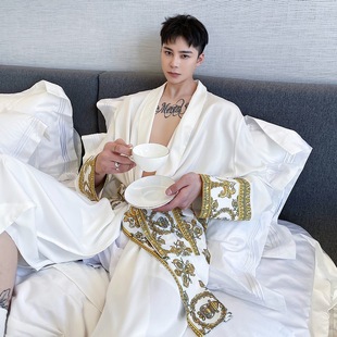 Light Luxury Satin Nightgown Windbreaker Men's Spring and Autumn Court Style Vintage Printed Loose Thin Buckle-free Coat Mid-length