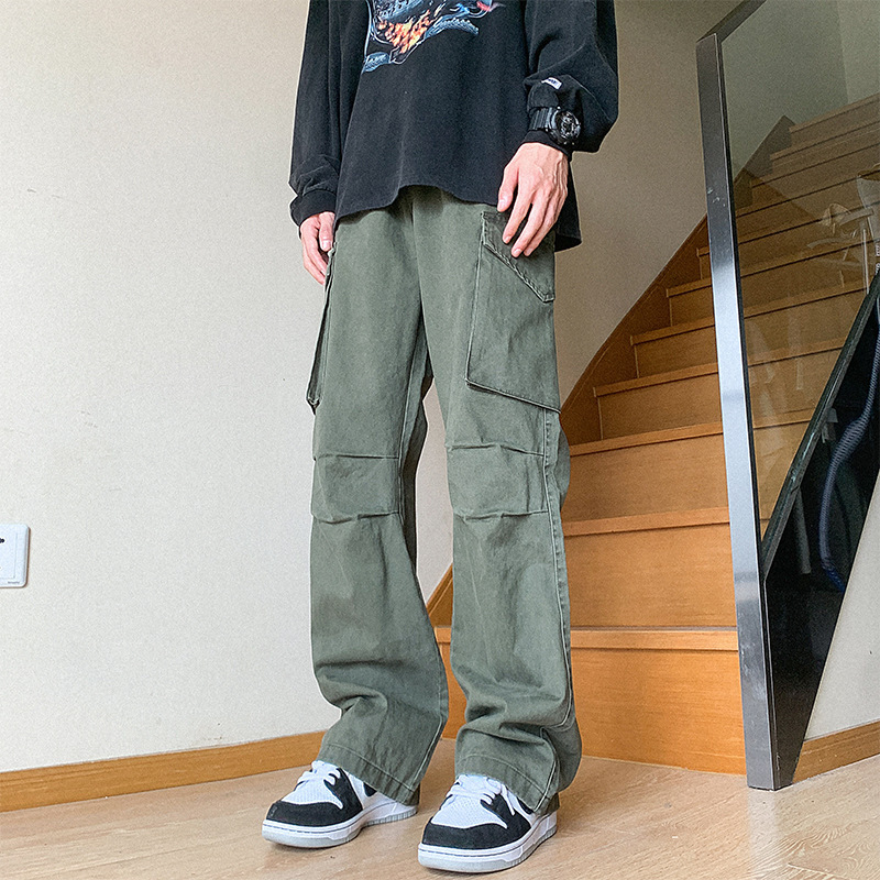 Pantalones americanos de moda masculinos rectos y sueltos de alta calle retro de piernas anchas de tope de piso de micro cuerno pantalones de trabajo casuales