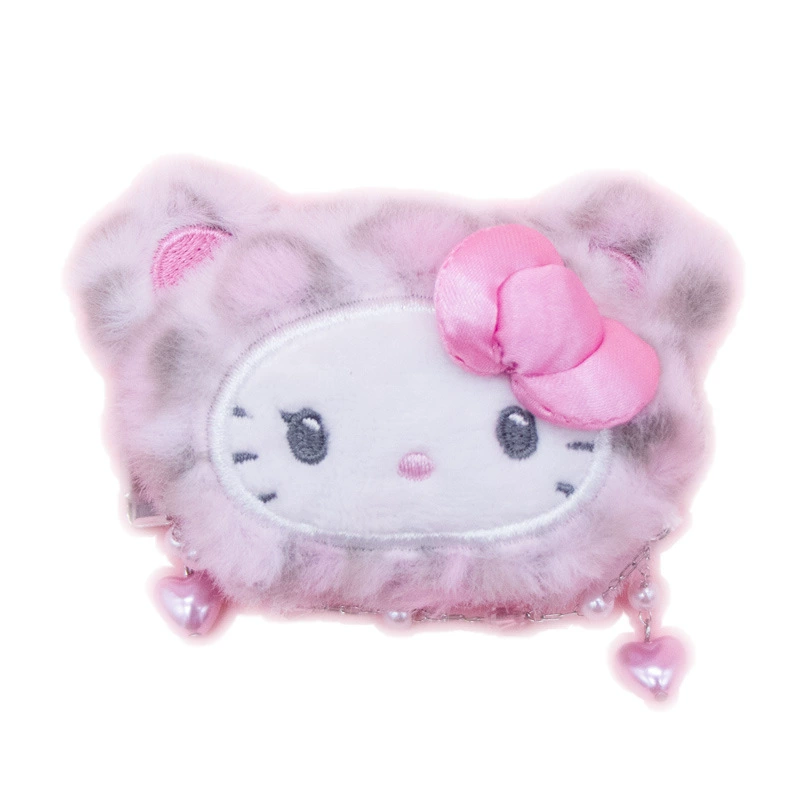 Заколка (Hello Kitty) плюшевая, леопардовый стиль с подвесками-сердечками — розовая/жёлтая