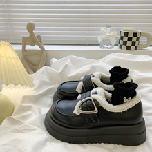 复古英伦风厚底松糕白色小皮鞋女2025新款秋冬一脚蹬法式乐福棉鞋