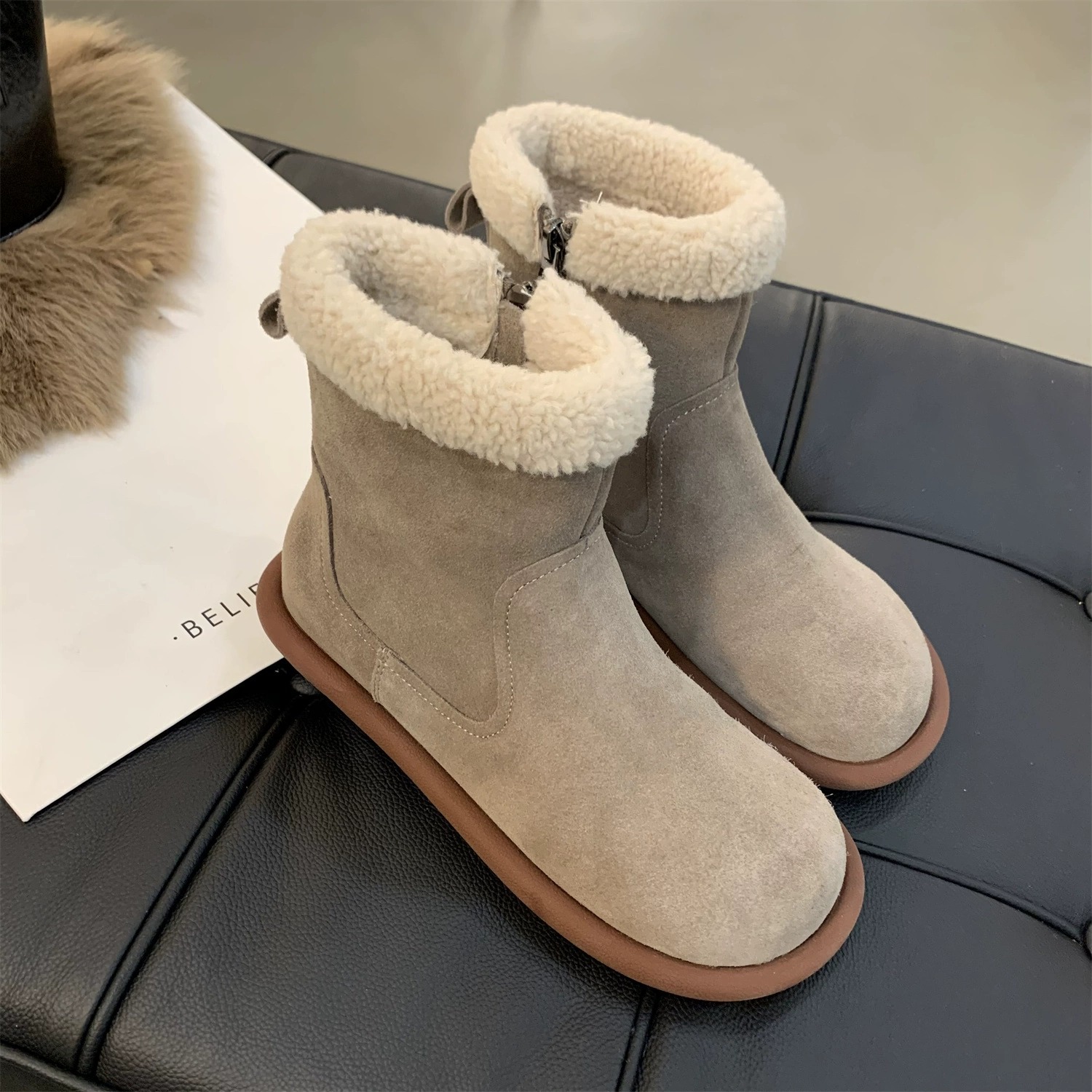 Snow boots women's winter fur one thick warm ankle boots with velvet cotton shoes_voghion.com