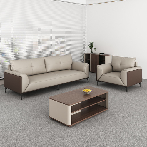 Office sofa cowhide three-seater coffee table set reception room hotel guest lounge area genuine leather office sofa