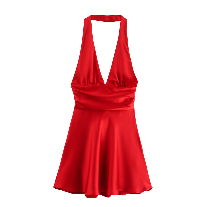 2025 Summer New American Style Spice Girl Style Pleated Waist Slimming Deep V-Neck Silk Satin Neck Hanging dress