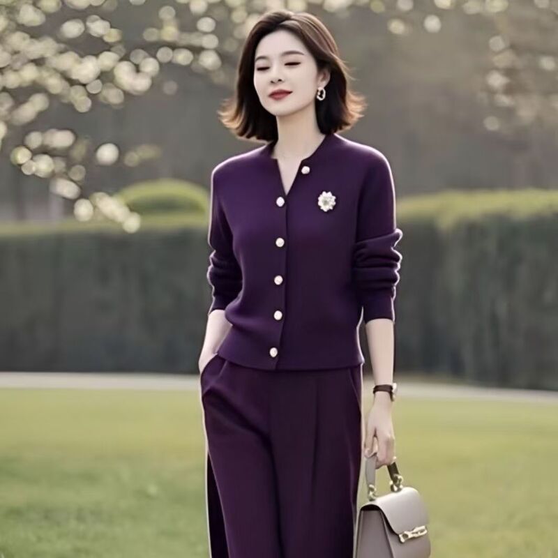 New Arrivals for the Season, Casual Sports Suits, Small V Neck Purple Knitted Cardigans, Loose Pants, Comfortable Two-Piece Sets