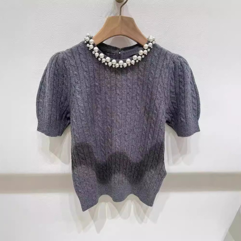 Special SD Twist Rope Fragrant Style 2024 Early Autumn New Women's Clothing French Beaded Neck Bubble Sleeve Sweater