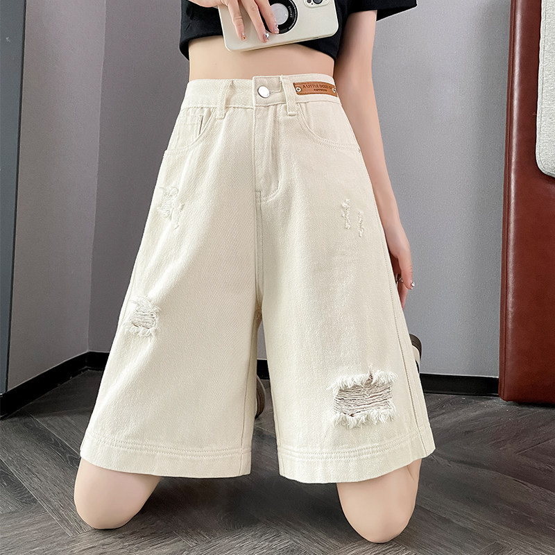 Beige Denim Shorts for Women, Five-Point Wide-Leg Pants, 2026 Summer New Style, Thin High-Waisted Loose Ripped Straight-Leg Shorts