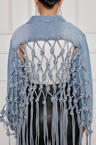 Women's blue denim tassels hiphop rapper jazz dance jacket with hollow fringe on the back fashion short cropper jackets for woman