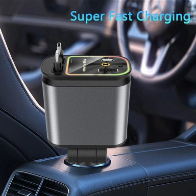 Cross-Border Car Charger Four-In-One Starry Sky Projection Retractable Data Cable Car Charger Super Fast Charging Full Protocol (Mobil şarj cihazları) - fast-charging-typec-apple-retractable-cable-b1starry-sky-top