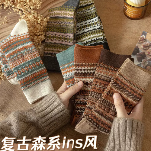 Double needle double-way socks for women Maillard wear ethnic style stockings for women middle-drum socks for autumn and winter warm women cotton socks