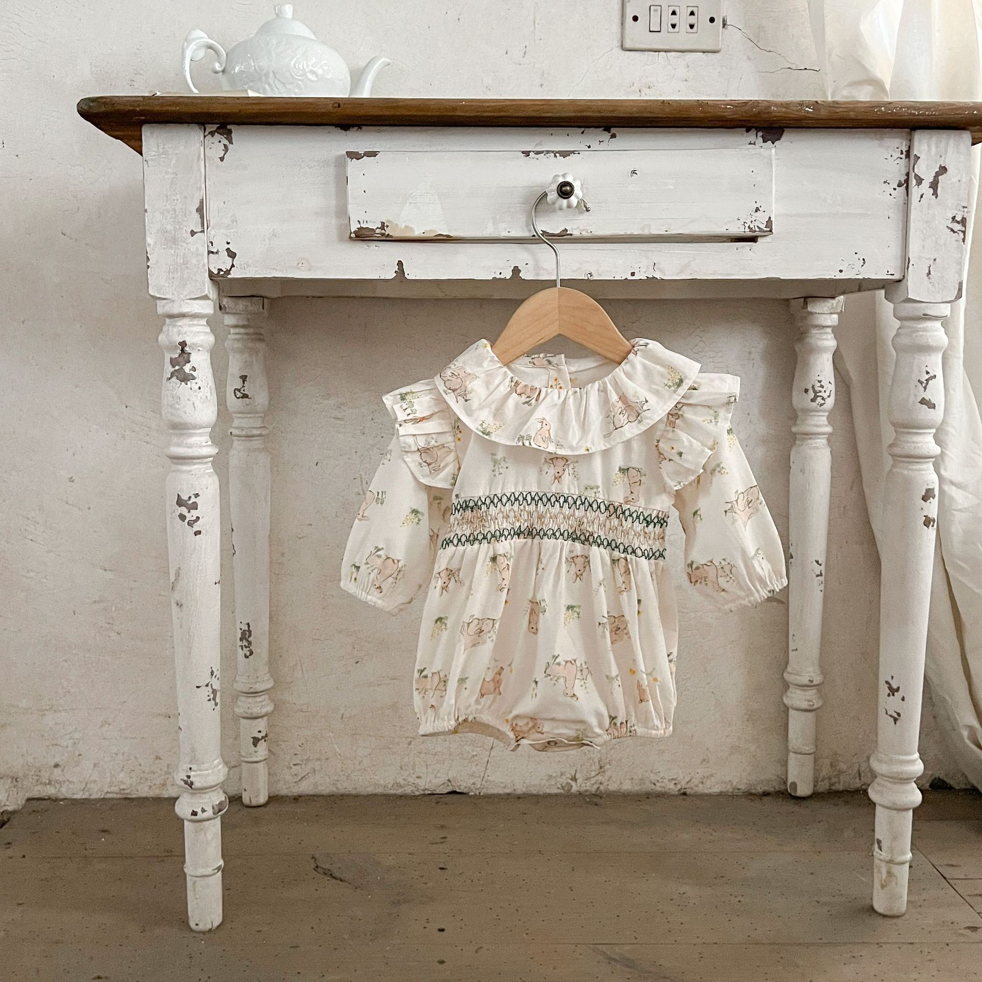 INS estilo coreano bebé de algodón plegable conejo impreso volando manga mameluco recién nacido suelta mono mameluco